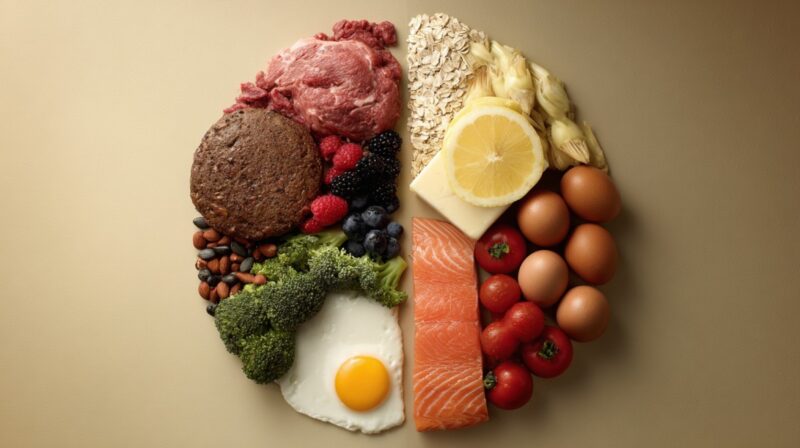 Assorted healthy foods arranged in a circular pie-chart layout