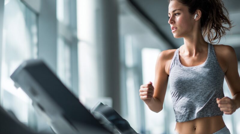 A woman in athletic wear running on a treadmill in a brightly lit gym