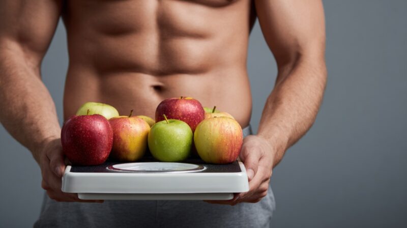 Fit man holding a scale topped with fresh apples, emphasizing healthy eating and weight management