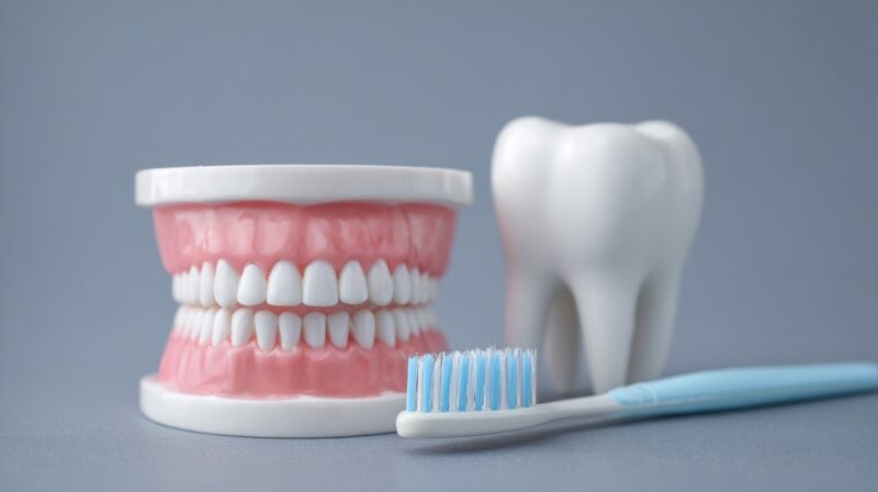 Dental model, toothbrush, and large tooth model on a gray background