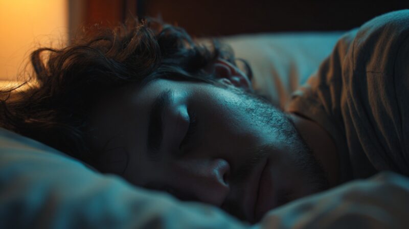 A young man peacefully sleeping on his side in a dimly lit bedroom