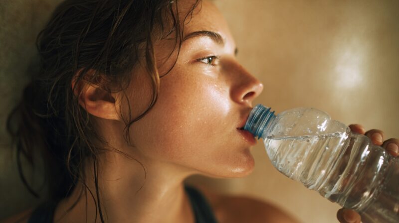 Close-up of a sweaty woman drinking water from a plastic bottle after physical activity
