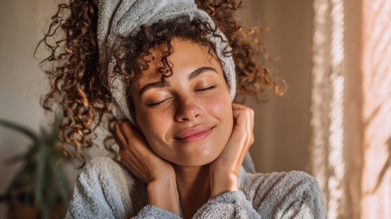 Woman in a towel robe enjoying a peaceful moment after self-care