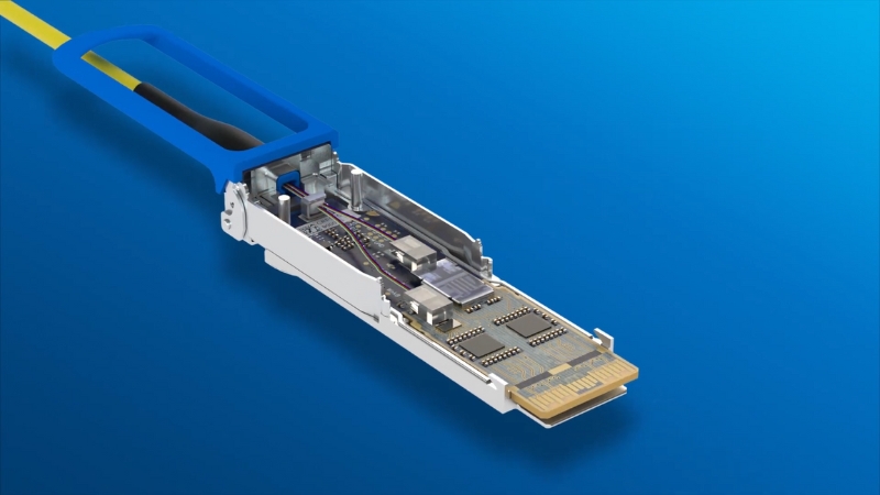 An optical transceiver module with integrated photonics used in data centers for high-speed connections
