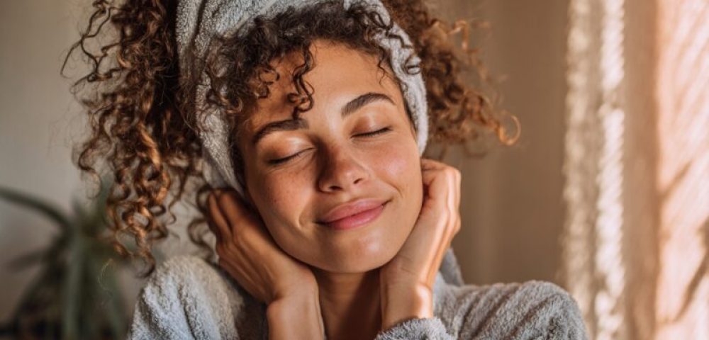 Woman in a towel robe enjoying a peaceful moment after self-care